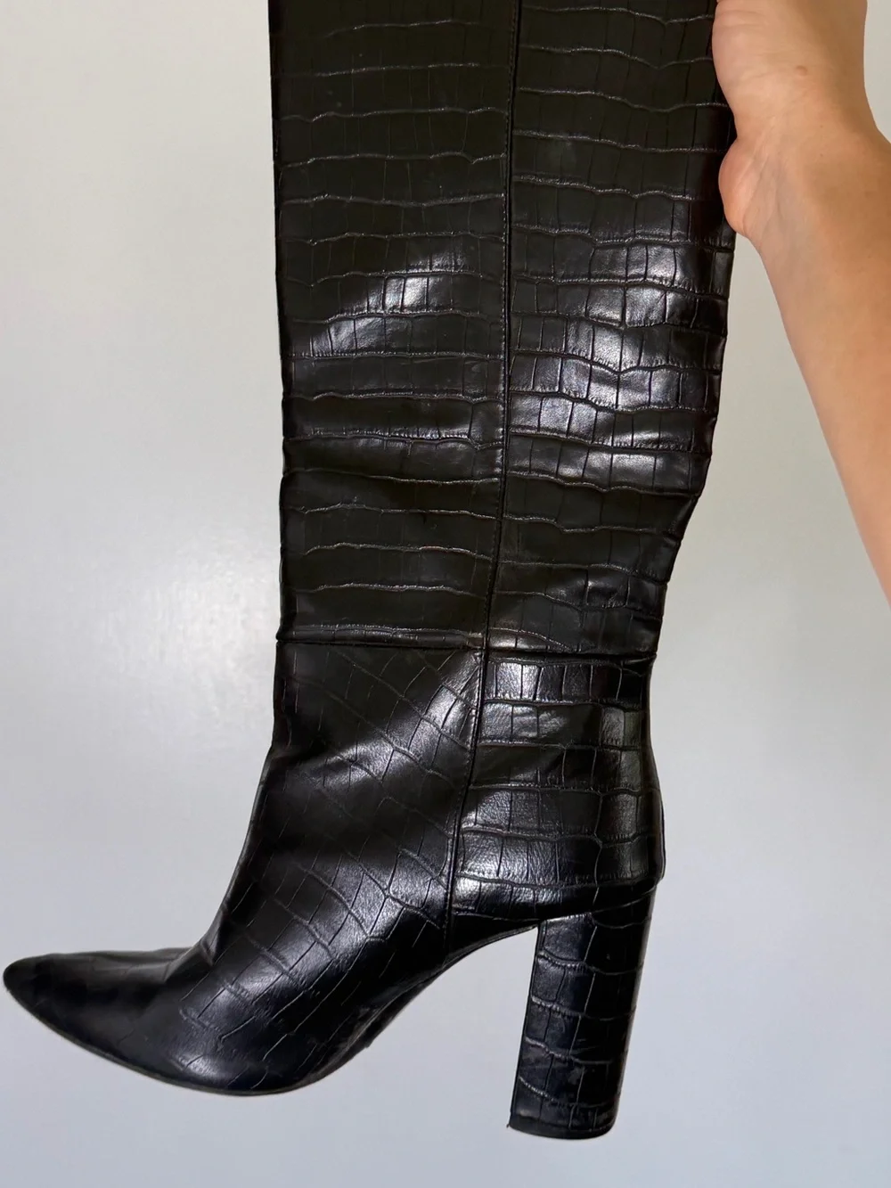 Black Croc-Embossed Knee-High Block Heel Boots